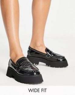 Raid Wide Fit - Niamh - Mocassini Neri Verniciati Con Suola Spessa E Cuciture A Contrasto