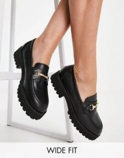 RAID Wide Fit - Empire - Mocassini Neri Con Suola Spessa E Finiture Oro