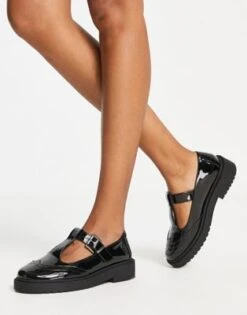 ASOS DESIGN - Maisie - Scarpe Basse Mary Jane Nero Verniciato Con Suola Spessa