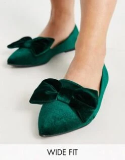 ASOS DESIGN Wide Fit - Lake - Ballerine A Pianta Larga A Punta Con Fiocco In Velluto Verde