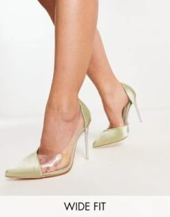 Be Mine Wide Fit - Enora - Scarpe In Raso Verde Oliva Con Tacco E Pianta Larga