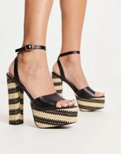South Beach - Sandali Con Tacco E Plateau In Paglia Neri Con Punta Squadrata