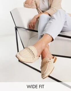 ASOS DESIGN - Motto - Sabot Bassi A Pianta Larga In Rafia Beige Con Catenina