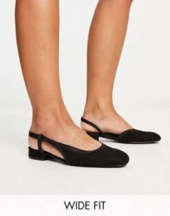 ASOS DESIGN Wide Fit - Latte - Ballerine Nere Con Punta Rotonda E Cinturino Sul Retro