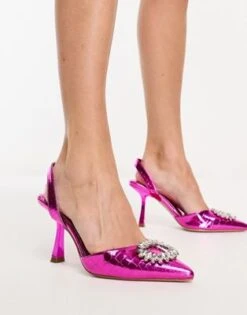 Simmi London - Becki - Scarpe Con Tacco Decorate Rosa Metallizzato Effetto Coccodrillo Con Cinturino Posteriore