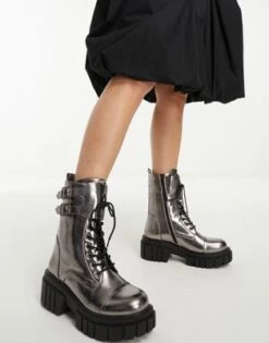 Glamorous - Stivaletti Stile Militare Color Peltro Con Suola Spessa